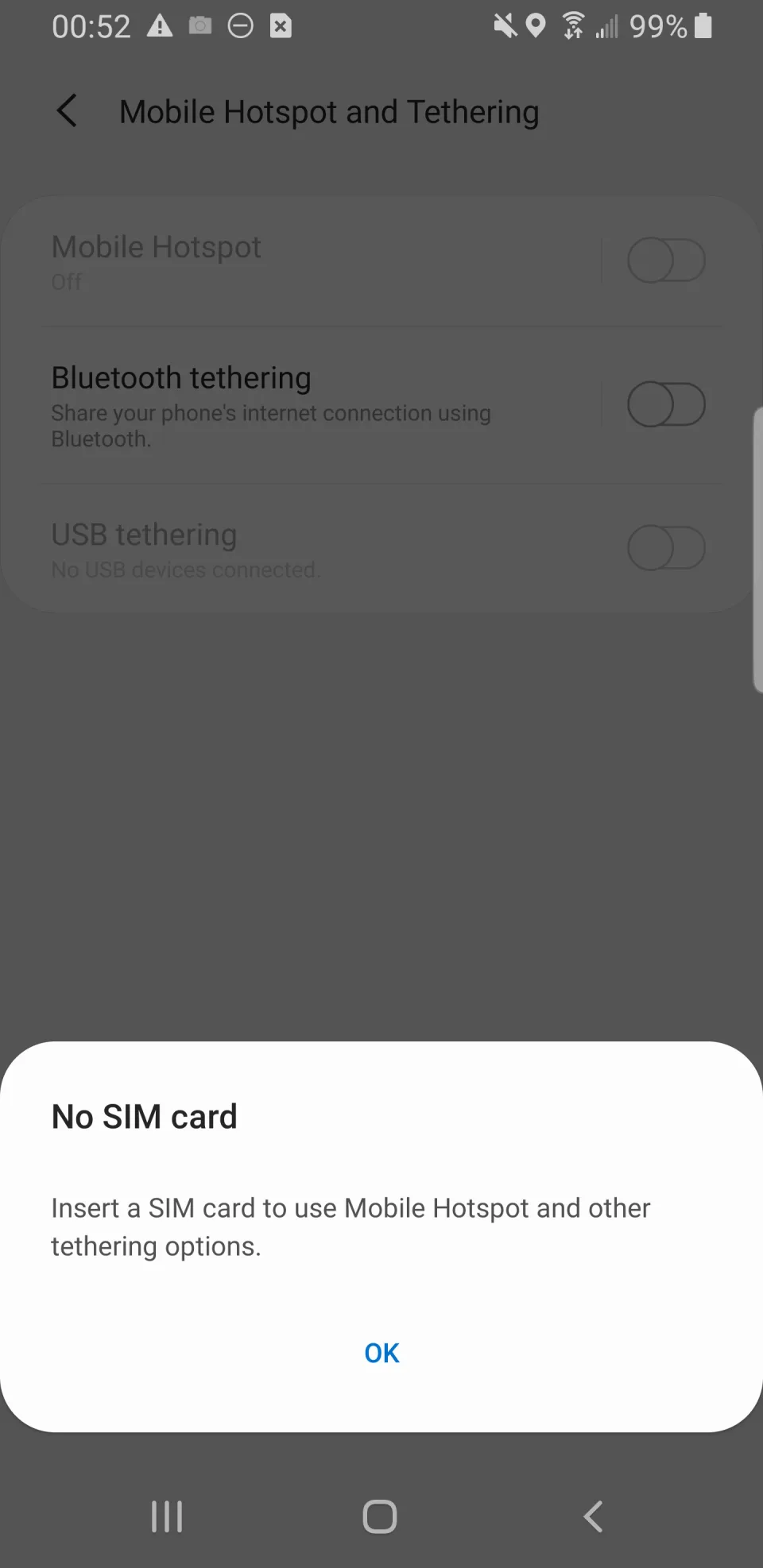 SIM 카드가 없어 모바일 핫스팟과 테더링을 사용할 수 없다는 Galaxy S8 경고 화면