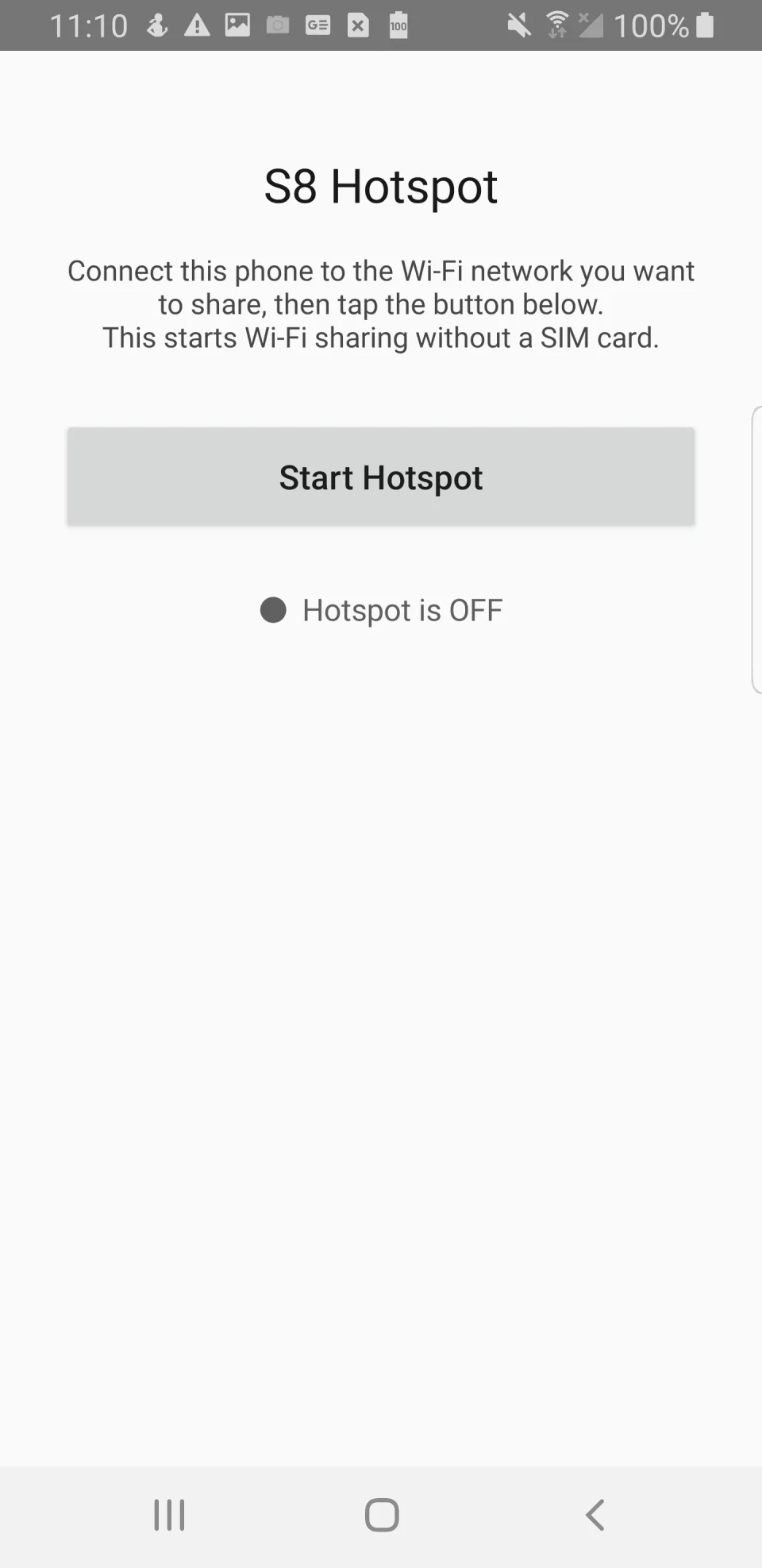 핫스팟이 꺼져 있어 Start Hotspot 버튼을 사용할 수 있는 최종 앱 화면