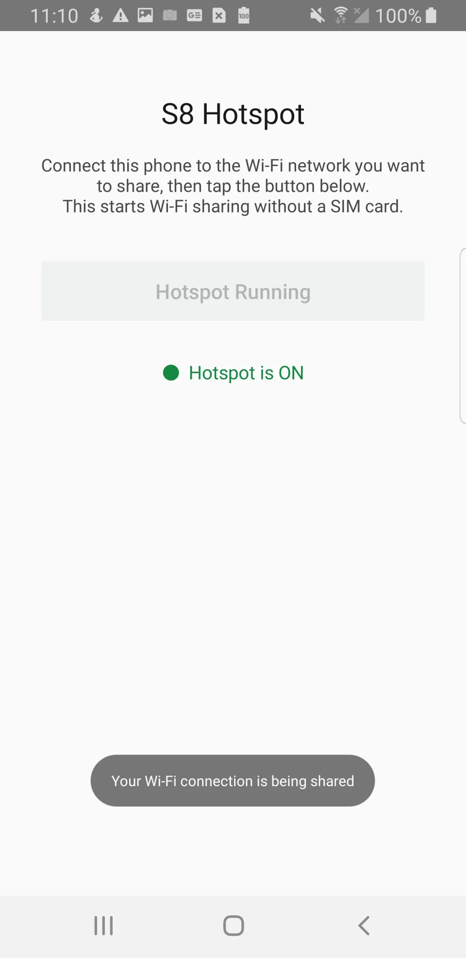초기 S8 Hotspot 개발판에서 핫스팟이 켜지고 Wi-Fi 연결이 공유 중이라고 표시된 화면