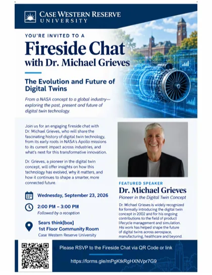 Event poster for The Evolution and Future of Digital Twins, a fireside chat with Dr. Michael Grieves at CWRU on September 23, 2026.